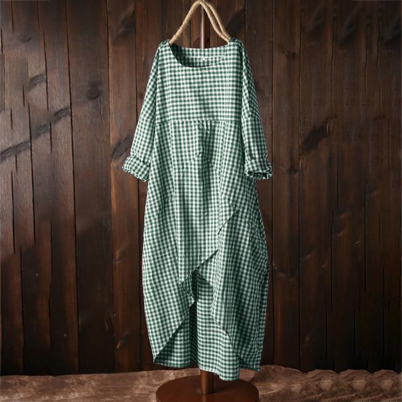 flowersverse Plaid stitching long sleeve casual dress