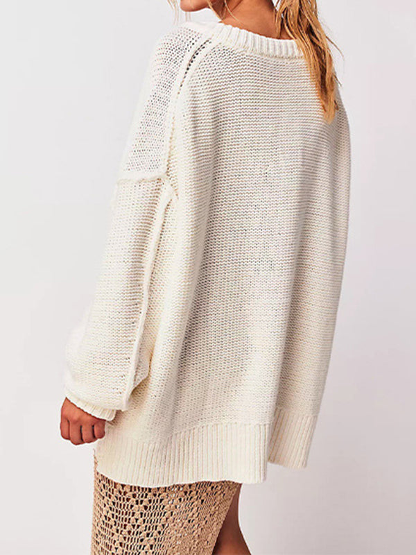 flowersverse Solid Color Velvet Long Sleeves Loose V-Neck Sweater Tops Pullovers