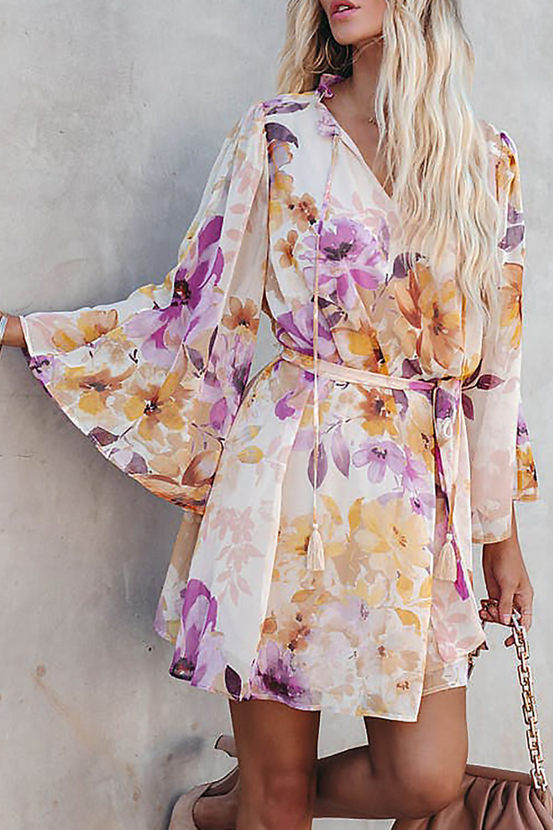 flowersverse Casual Print Patchwork V Neck Cake Skirt Dresses