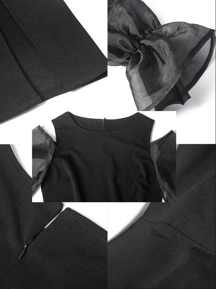 flowersverse Mesh Patchwork Lantern Sleeve Split Bodycon Maxi Dresses