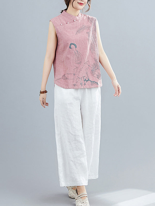 flowersverse Artistic Retro Chinese-Style Printed Buttoned Stand Collar Sleeveless Vest