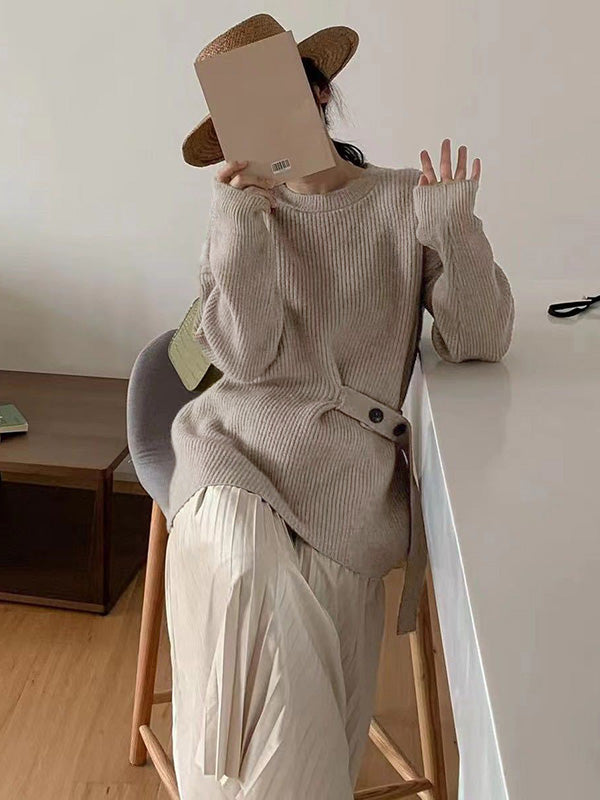 flowersverse Casual Long Sleeves Loose Solid Color Round-Neck Sweater Tops