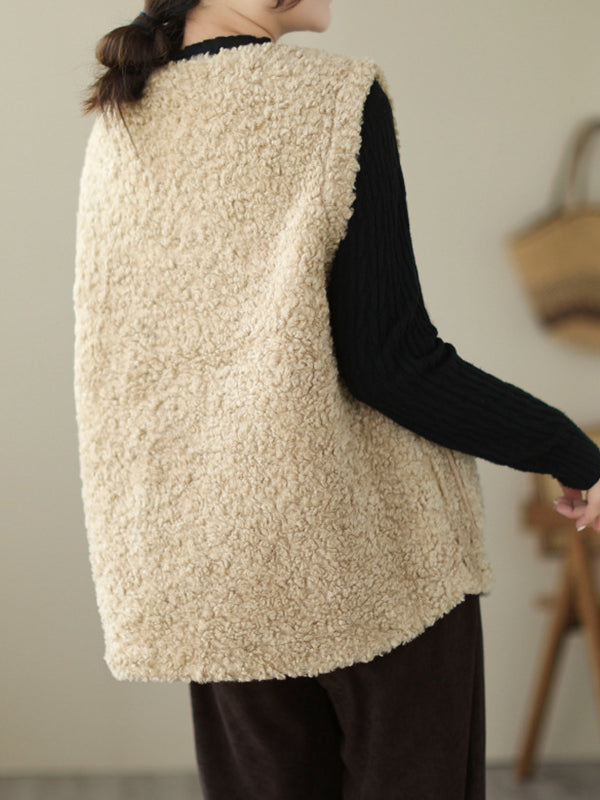 flowersverse Buttoned Pockets Loose Sleeveless Round-Neck Vest Outerwear