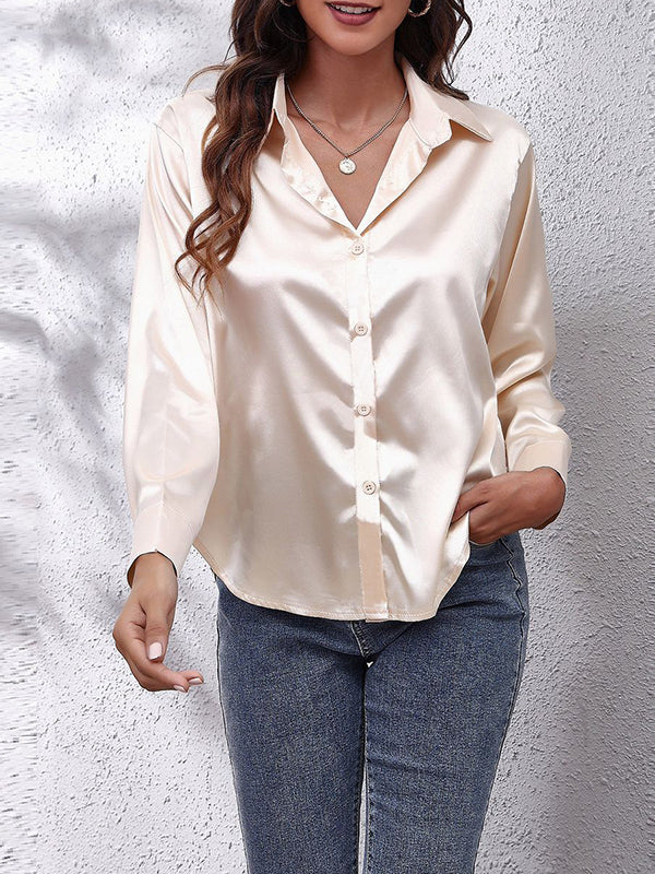 flowersverse Solid Color Long Sleeves Loose Lapel Blouses&Shirts Tops