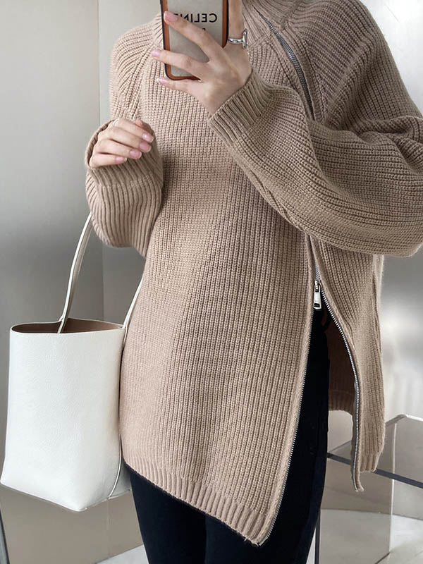 flowersverse Split-Joint Split-Side Zipper Long Sleeves Loose High Neck Sweater Tops