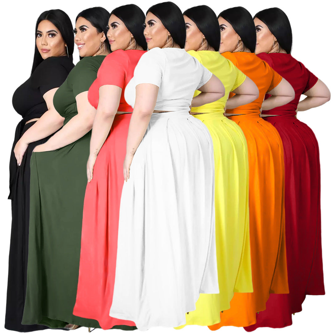 flowersverse Lady Fashion Plus Size Women Solid Color Cross Lace-up Large Swing Two-piece Skirt