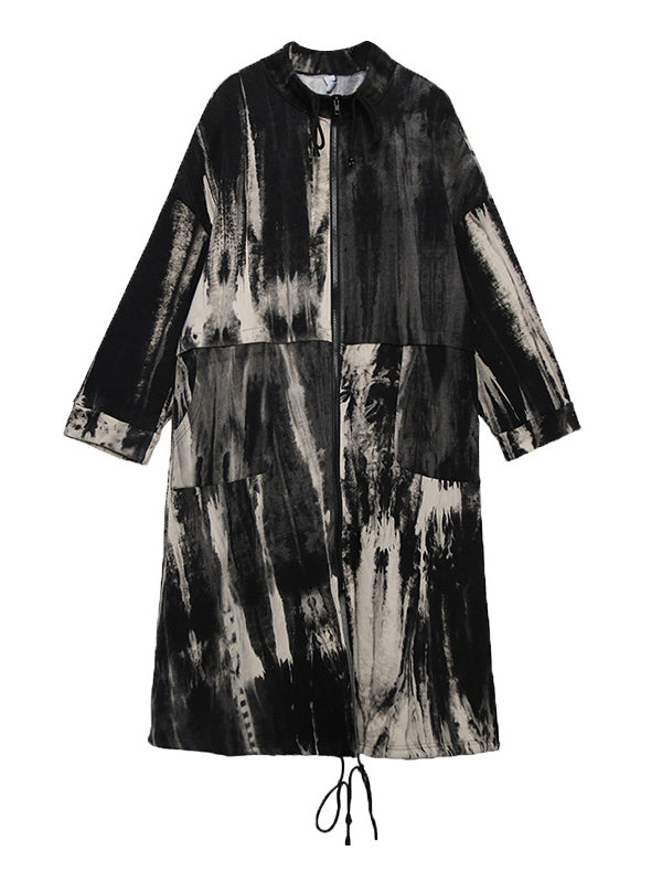 flowersverse Casual Loose Long Sleeves Drawstring Tie-Dyed Zipper Outerwear