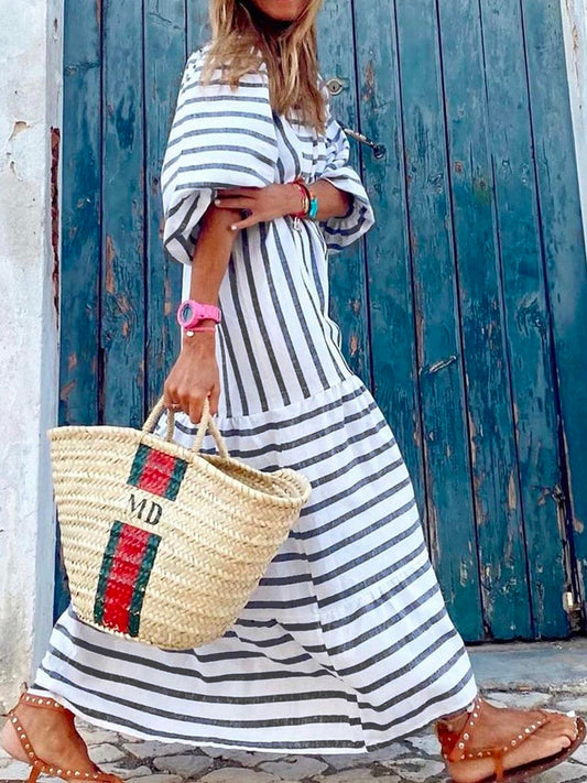 flowersverse Casual Bateau/Boat Neck Long Sleeve Weaving Dress