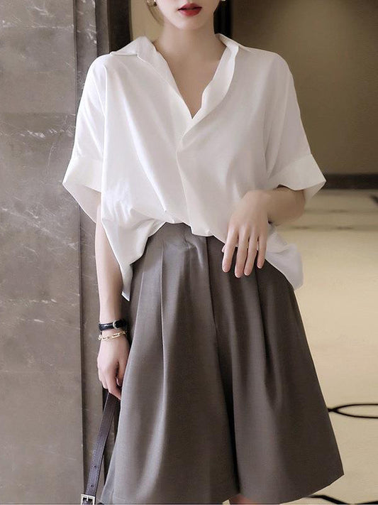 flowersverse Simple Solid Color Batwing Sleeves Blouse