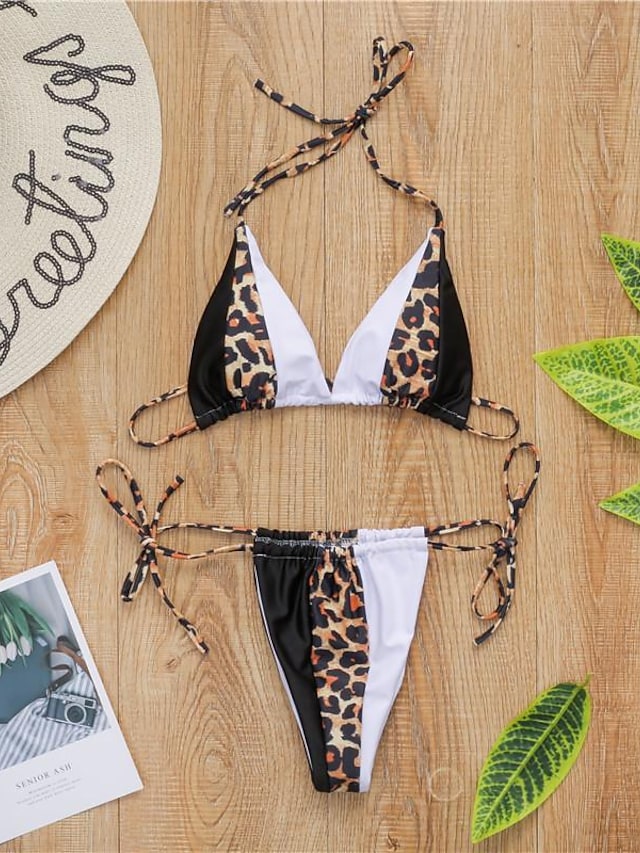 flowersverse Women's Swimwear Bikini Normal Swimsuit 2 Piece Printing Leopard Color Block Black and white color matching yellow color matching Bathing Suits Sports Summer
