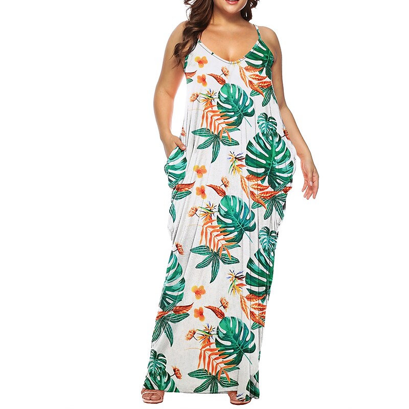 flowersverse Women's Plus Size Casual Dress Shift Dress Slip Dress Leaf Tie Dye Long Dress Maxi Dress Sleeveless Pocket Print Strap Fashion Daily Light Yellow White Spring Summer XL XXL 3XL