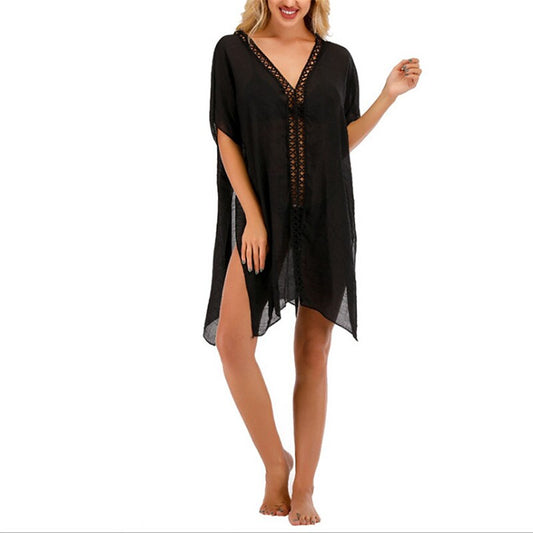 flowersverse Women's Swimwear Cover Up Beach Dress Normal Swimsuit Hole Pure Color White Black V Wire Bathing Suits New Vacation Fashion / Sexy / Modern