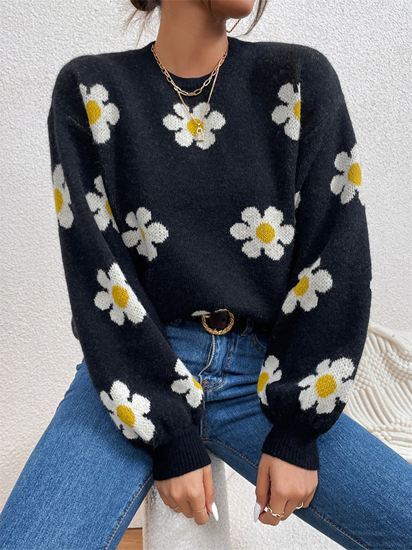 flowersverse Contrast Color Floral Printed Split-Joint Long Sleeves Loose Round-Neck Sweater Tops