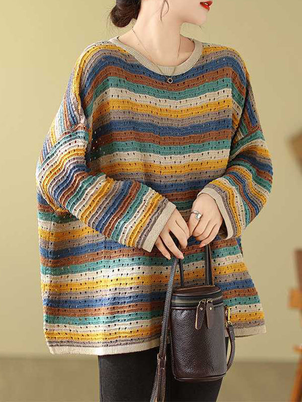 flowersverse Contrast Color Hollow Long Sleeves Loose Round-Neck Sweater Tops Pullovers
