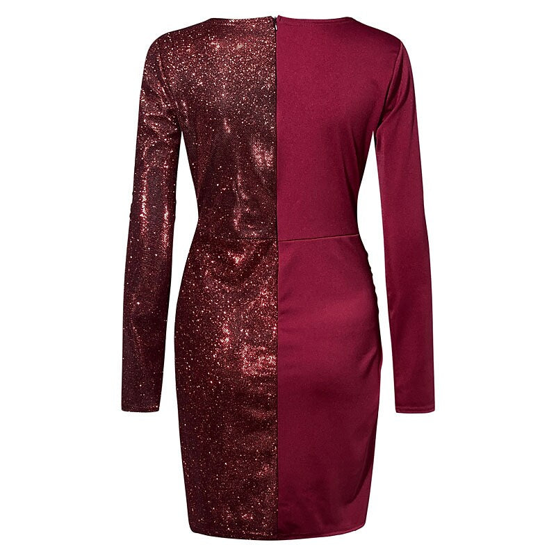 flowersverse Women's Cocktail Party Dress Sequin Dress Bodycon Mini Dress Black Wine Navy Blue Long Sleeve Pure Color Sequins Winter Fall Autumn V Neck Winter Dress Fall Dress Slim S M L XL 2XL