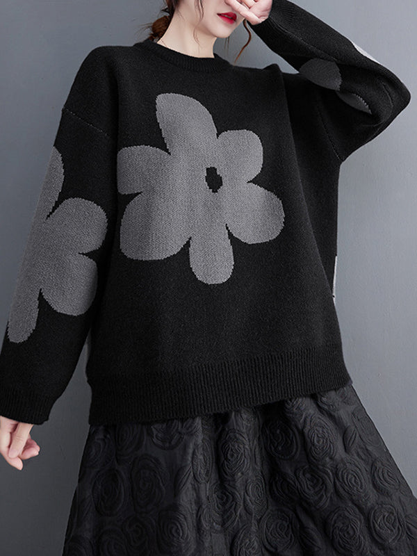 flowersverse Casual Loose Long Sleeves Contrast Color Jacquard Round-Neck Sweater Tops