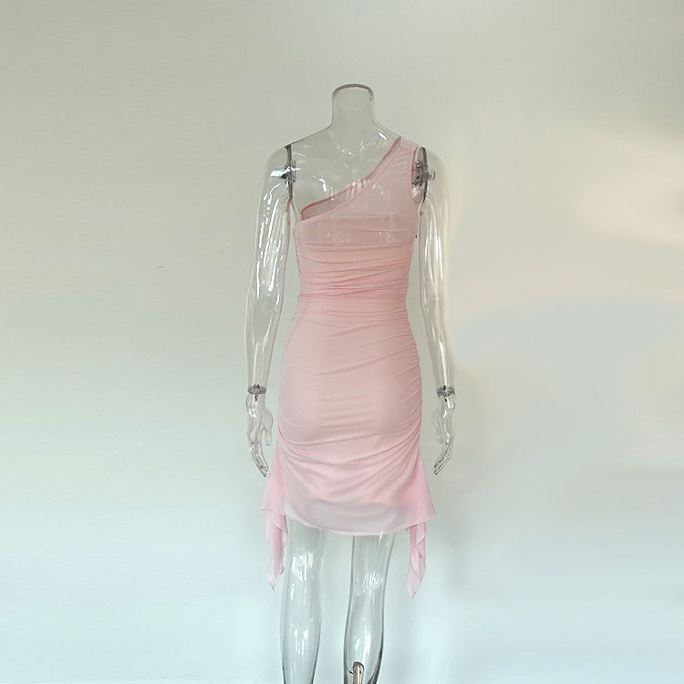 flowersverse Women's Chic Premium Slash Shoulder Mesh Patchwork Tight Fitting Bodycon Dress