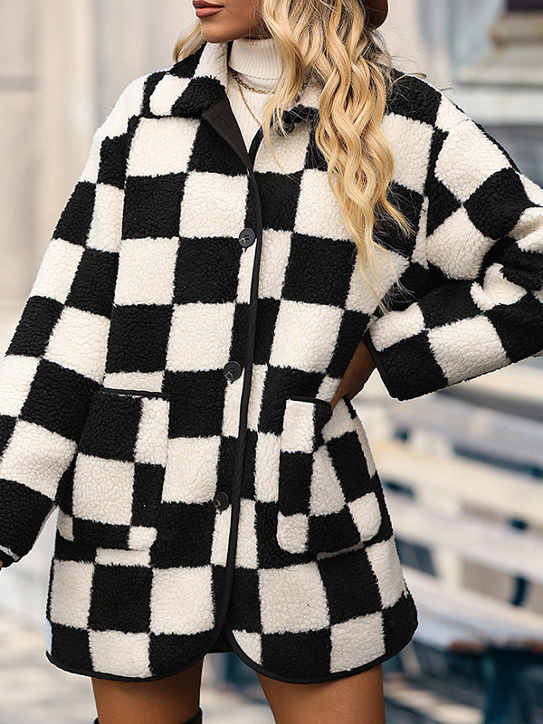 flowersverse Vacation Loose Buckle Patchwork Lapel Collar Coat