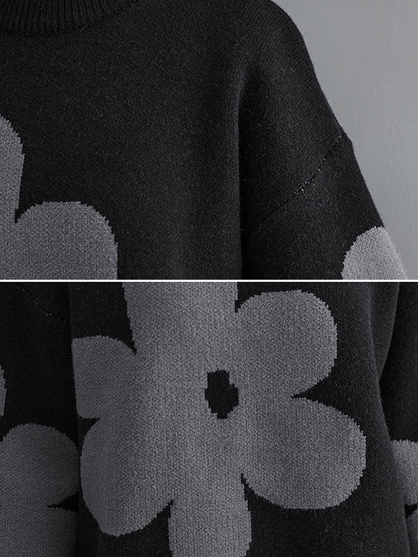 flowersverse Casual Loose Long Sleeves Contrast Color Jacquard Round-Neck Sweater Tops