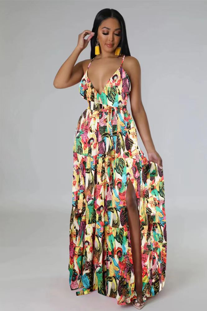 flowersverse Floral V Neck Flowy Split Maxi Dress