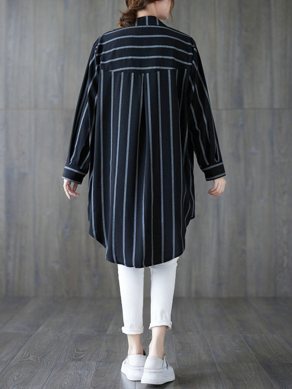 flowersverse Buttoned Striped Long Sleeves Loose Blouses&Shirts Tops