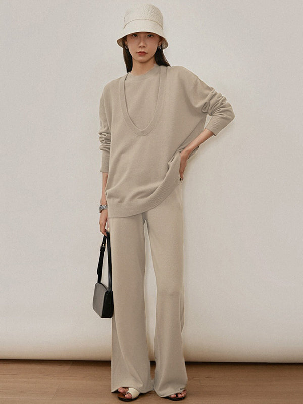 flowersverse Urban Loose Solid Round-Neck Vest Top& V-Neck Sweater Tops& Wide Leg Pants Three-Piece Set