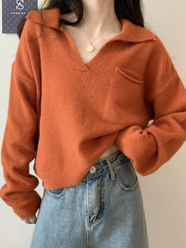 flowersverse Casual Simple 6 Colors V-Neck Long Sleeves Sweater Top