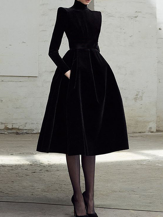 flowersverse Plain Elegant Stand Collar Long sleeve Midi Party Dress