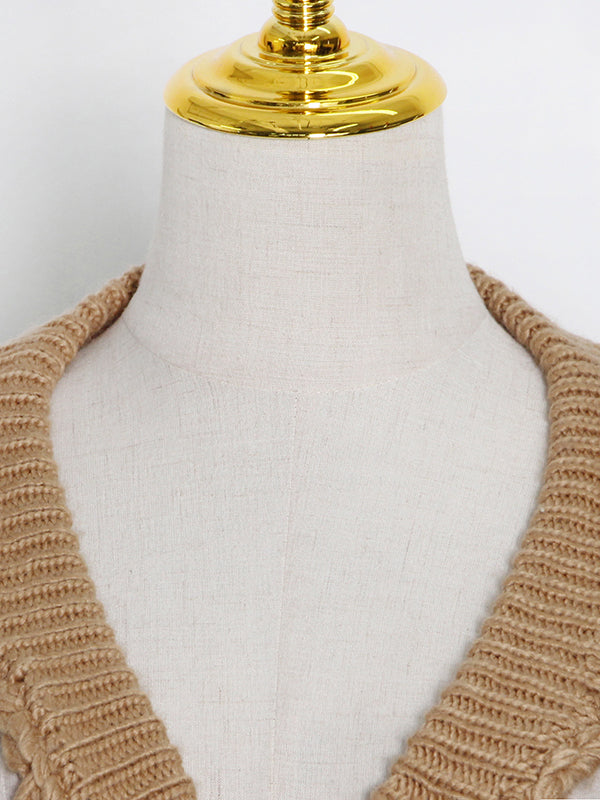 flowersverse Original Long Sleeves Loose Hollow Solid Color V-Neck Sweater Tops