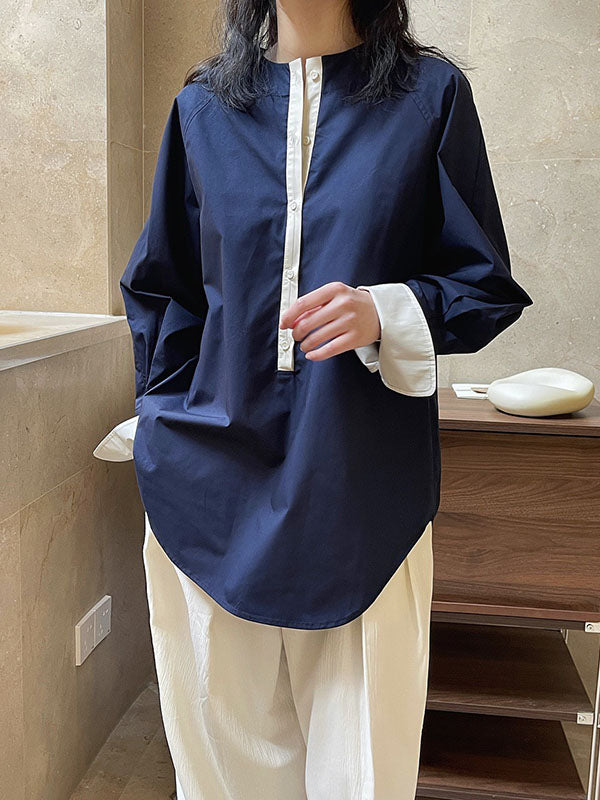 flowersverse Urban Long Sleeves Loose Contrast Color Round-Neck Blouses&Shirts Tops