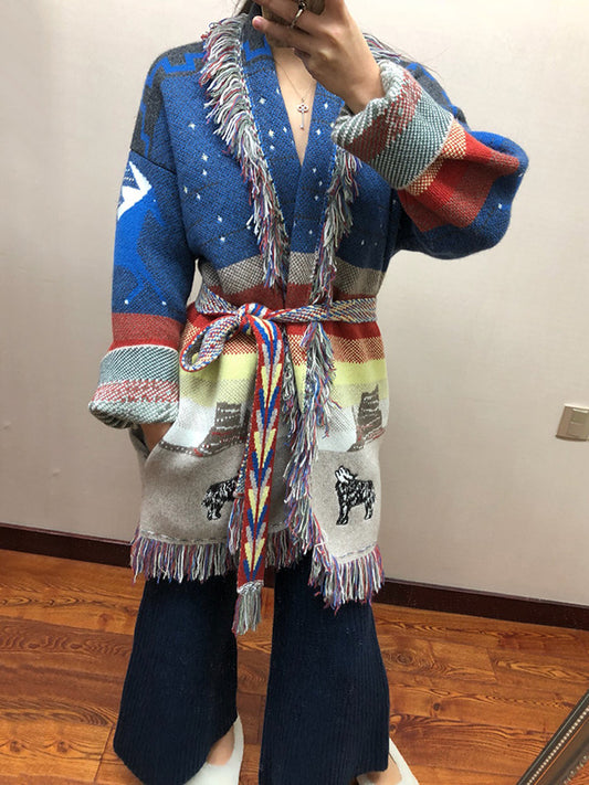 flowersverse Casual Loose Lace-Up Embroidered Coat