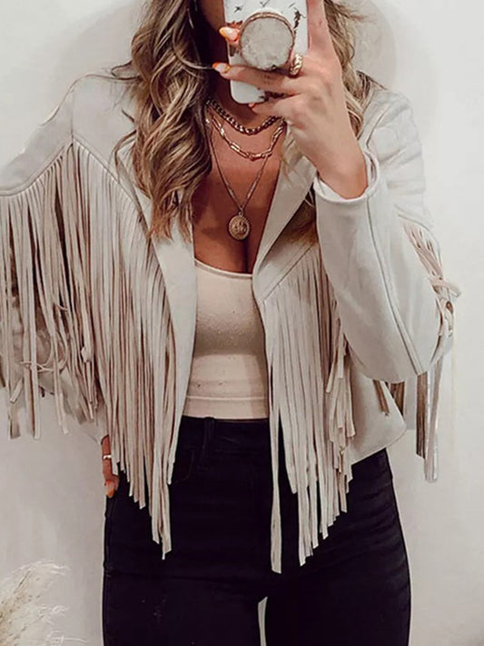 flowersverse Solid Color Split-Joint Tasseled Long Sleeves Lapel Outerwear Jackets