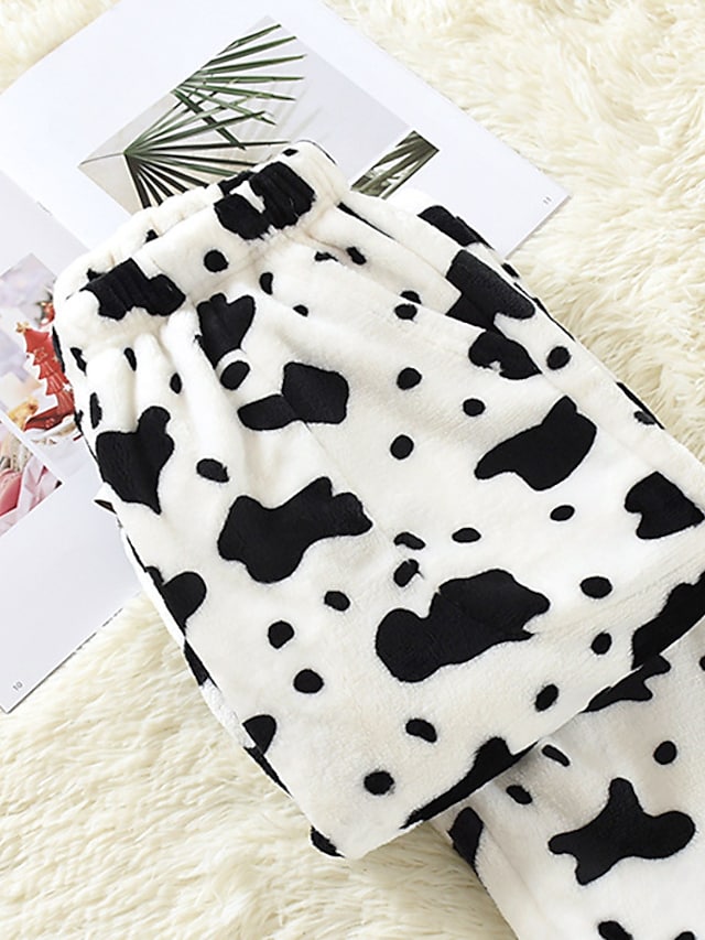 flowersverse Women's Pajamas Pants Nighty Milk Cow Pure Color Comfort Soft Plush Home Daily Bed Flannel Comfort Warm Long Pant Pocket Elastic Waist Winter Fall Green Pink