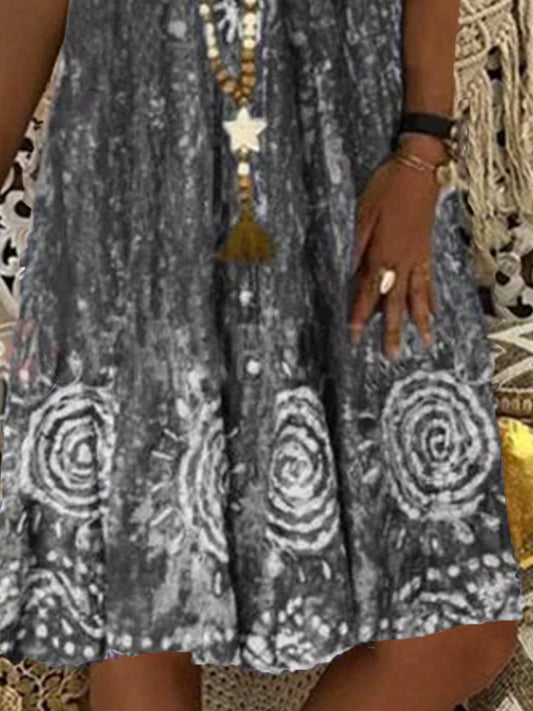 flowersverse New Women Chic Plus Size Vintage Boho Hippie Holiday V Neck Cotton Short Sleeve Weaving Dress