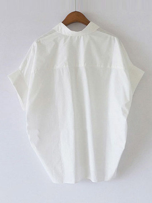 flowersverse Casual Short Sleeves Loose Solid Color Lapel Collar Blouses&Shirts Tops
