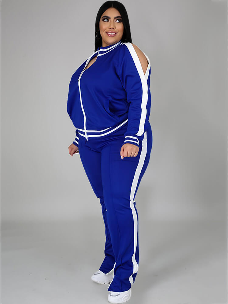 flowersverse Plus Size Cold Shoulder Jacket+Pants Sets