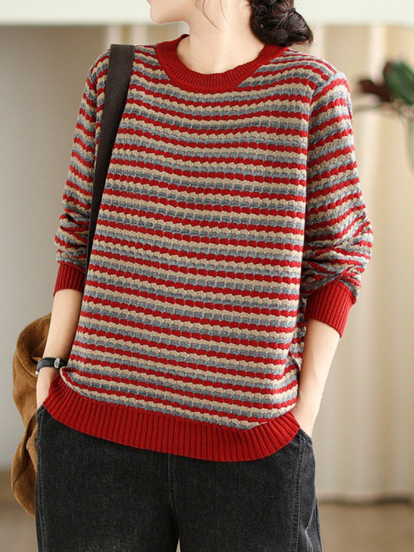 flowersverse Contrast Color Jacquard Velvet Long Sleeves Loose Round-Neck Sweater Tops Pullovers
