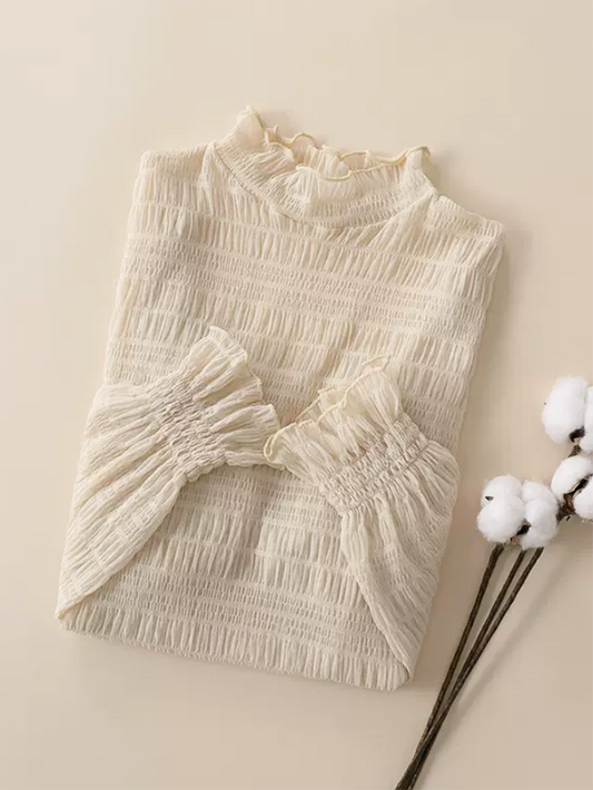 flowersverse Casual Loose Puff Sleeves Solid Color High-Neck Shirtstop