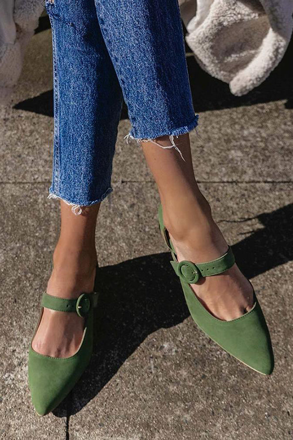 flowersverse Pointed Toe Buckled Chunky Heels