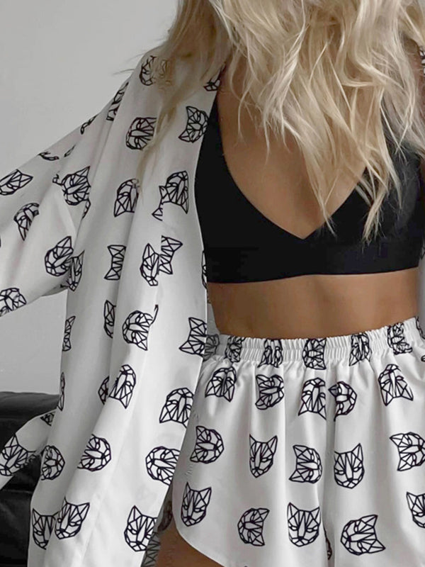 flowersverse Loose Printed Long Sleeves Tied Waist Robes + High-Waisted Short Bottom Robes Pajama Sets