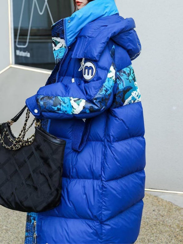 flowersverse Floral Printed Split-Joint Long Sleeves Loose High Neck Down Coat