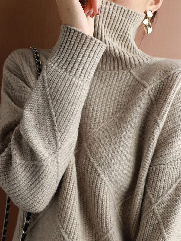 flowersverse Casual Loose Solid Color Striped High-Neck Long Sleeves Sweater Tops