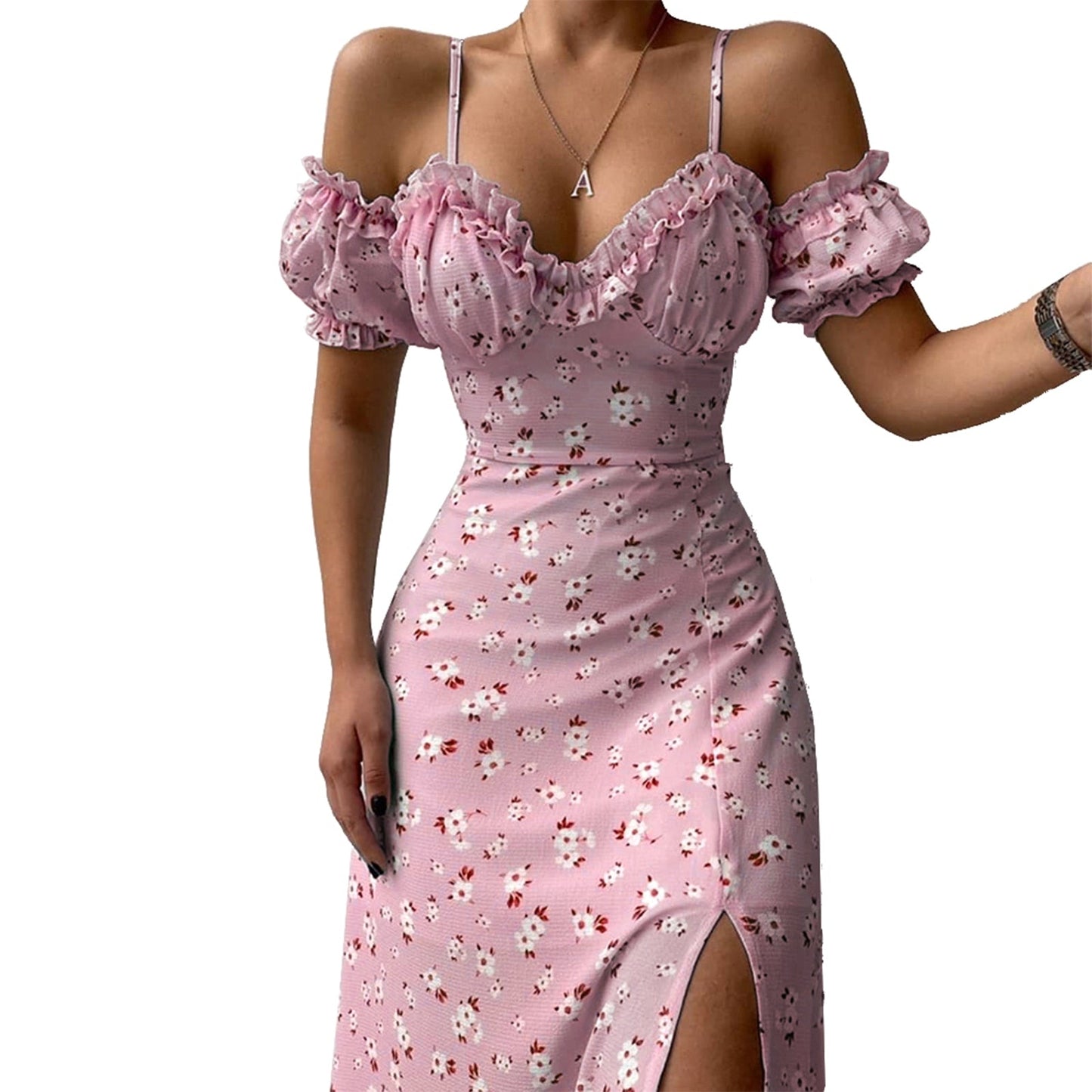 flowersverse Fashionkova Women’S Off Shoulder Frilly Suspender Dress Party Summer Ladies Short Sleeve V-Neck Split Mid-Length Dress Floarl A-Line