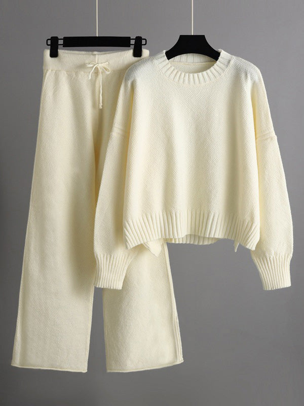 flowersverse Stylish Loose High-Low Long Sleeves Solid Color Round-Neck Sweater Tops& Wide Leg Pants Two Pieces Set