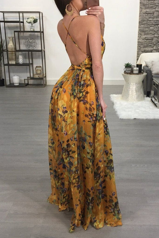 flowersverse Deep V-Neck Back Chiffon Dress