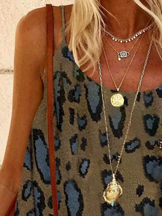 flowersverse New Women Chic Plus Size Vintage Holiday Boho Leopard Spaghetti-Strap V Neck Vintage Knitting Dress