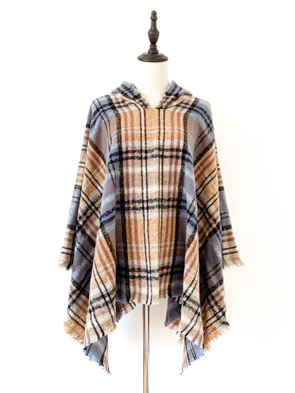 flowersverse Fringed Hooded Keep Warm Plaid Shawl&Cloak Cape