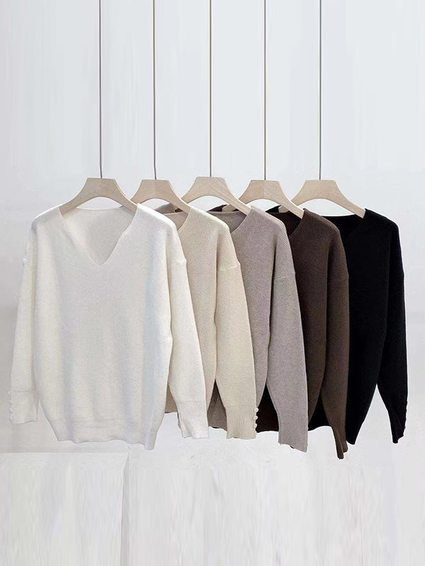 flowersverse Casual Loose Long Sleeves Solid Color V-Neck Sweater Tops