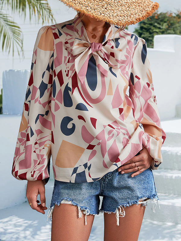 flowersverse Elasticity Printed Tied Bishop Sleeve Long Sleeves V-Neck Blouses&Shirts Tops