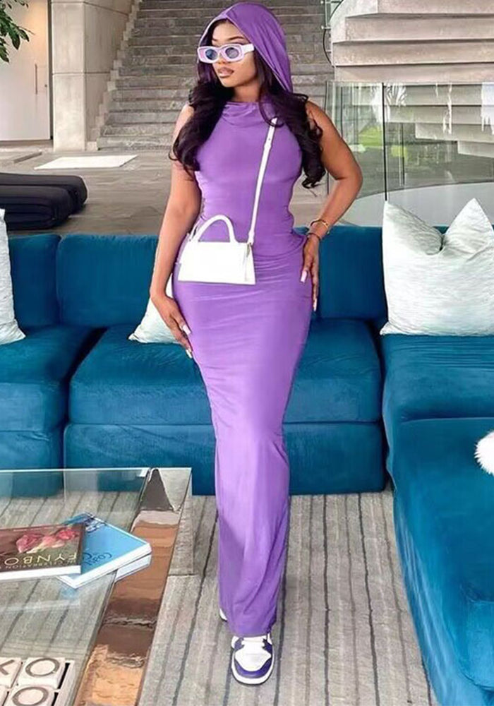 flowersverse Summer Ladies Solid Color Hooded Sleeveless Bodycon Slit Dress Women